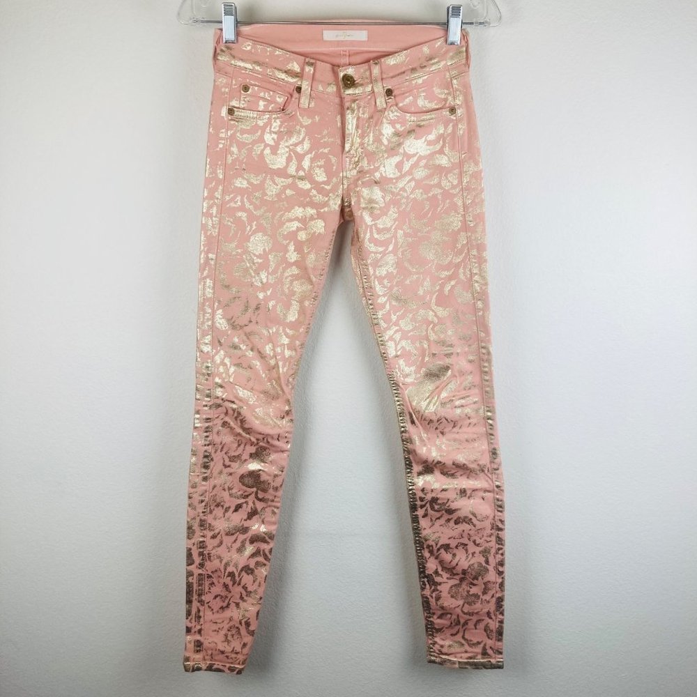 Jeans 7For All Mankind Pink Gold Leopard Print Jeans Low Rise 24 Waist SkinnyLeg - Picture 2 of 8
